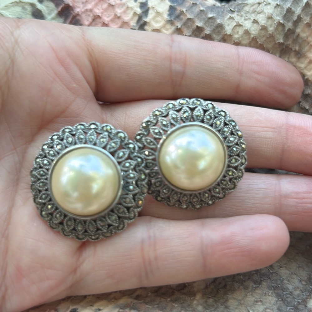 Vintage MBC Sterling Silver Art Deco Faux Pearl & Marcasite Clip On Earrings